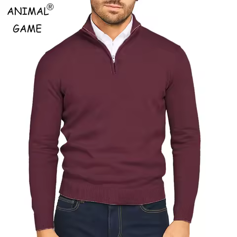 Autumn Mens Quarter Zip Pullover Sweater Lightweight Mock Neck Slim Fit Pullover Knit Casual Polo Sw