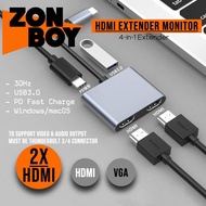 Zonboy Dual HDMI Monitor Splitter Extender Mirroring VGA 4K Hub 2 IN 1 Adapter Converter Type C USB Display Port