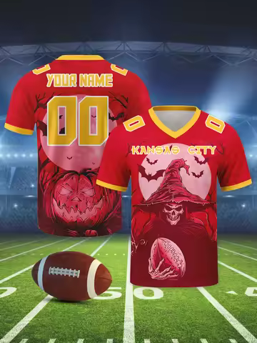 Custom Kansas City American Football Jersey Personalized Halloween Skull Football Shirts Add Name & 