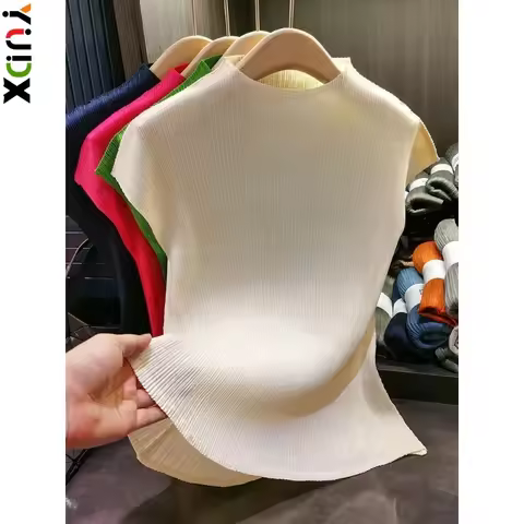 Miyake Versatile Classic Simple Solid Color Stand Up Collar Pleated Top Women Slim Slim Short Sleeve