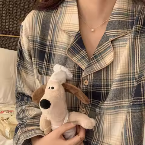 Korean Style Plaid Women's Pajamas Sleepwear Set Woman 2 Pieces Winter Long Sleeve Top with Pants Su
