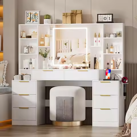 Large Makeup Vanity Desk with Lighted Mirror & Power Outlet,Vanity Desk Dresser Table with 3 Lightin