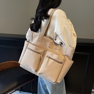Japanese Style Casual Simple Canvas Tote Bag Women Large Capacity Multiple Pockets Shoulder Bag Stud