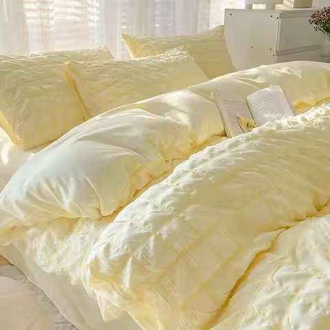 3/4Pcs Bedding Set Solid-Color Minimalist Bubble Gossamer Bed Linen With Ruffles Double Bed Beddings