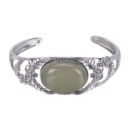 Vintage silver inlaid natural Hetian jade flower hollow bangles for women elegant ethnic style weddi