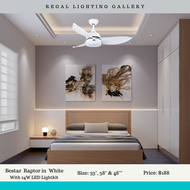 [Free remote] Bestar Raptor 33" / 38" / 48" Ceiling Fan with 24W Tri tone LED / No Light Available in Black White and Wood - Regal Lighting