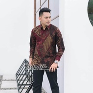Batik cowo lengan panjang warna merah maroon bahan katun baturaden /Batik pesta/batik seragam Kantor