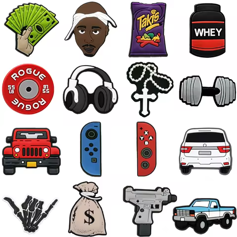 Classic Headphone Handle Shoe Accessories，Whey Protein Dumbbell Shoe Charms for Boys，Snack Cart Sand