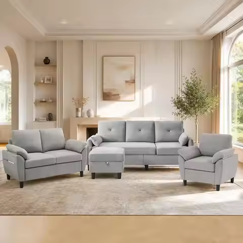 L-Shaped Sofa Set with Reversible Chaise, Loveseat, Armchair, 4-Piece Convertible Couches for Small 