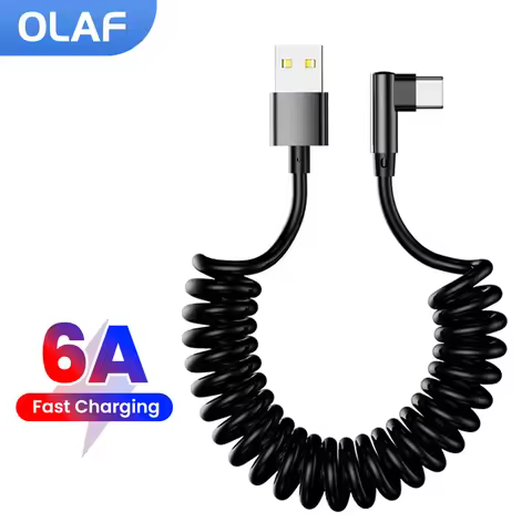 6A Elbow USB A To Type C Spring Data Cable Fast Charging Cable For Huawei 1M 1.8M Phone Charger Wire