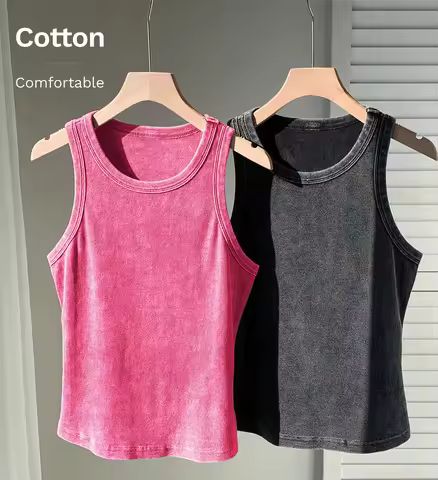 2PCS 100% Cotton Solid Color Washed Vest Womens Summer Casual Tank Top Y2K Sleeveless Clothes Soft C