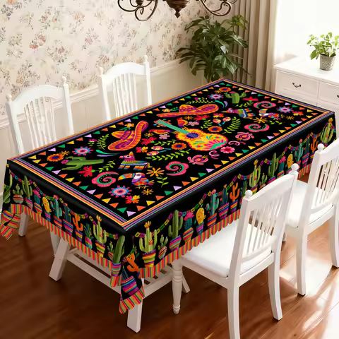 Vibrant Mexican Ethnic Style Tablecloth, Bright Colors, Cactus, Cute Parrot, Guitar, Hat, Floral Pri