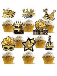 16個裝紙質生日快樂杯子蛋糕插牌,金色閃光2024生日派對蛋糕裝飾餅咕餅裝飾派對用品
