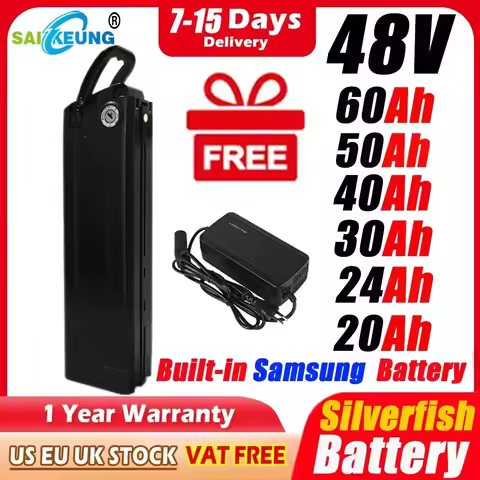 Powerful 48V 60ah 50ah 40ah 30Ah 25Ah 20Ah Silver Fish Electric Bike Bateria Accu 1000W 750W 500W Li