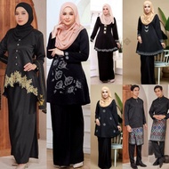 (XS - 6XL) BLACK HITAM KURUNG RIAU MANIK DAN BAJU MELAYU CEKAK MUSANG TELUK BELANGA SEDONDON NIKAH M