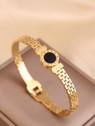 羅馬數字黑貝殼愛心金色女士手鍊,日常通用不鏽鋼珠寶