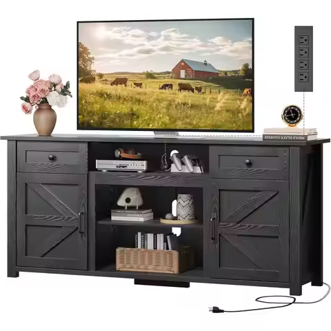 TV Stand or 65 70 75 inch TV, ern armhouse Entertainment Center with Built-in Power Outlet, TV ole w