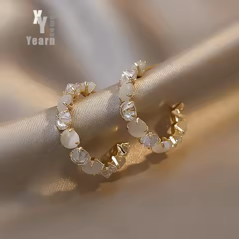 New Women's Luxury Opals Hoop Earrings In 2025 Korean Fashion Jewelry Party Girls Temperament Access