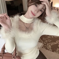 Korean Women Short Design Lace Fur Bottoming Slim-fit Top Bottoming Shirt Long-sleeved T-shirt