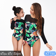 Bikini đồ bơi đôi cho mẹ và bé gái, áo tắm liền thân cặp mẹ con, kiểu Âu Mỹ gợi cảm, hoạ tiết lá hoa