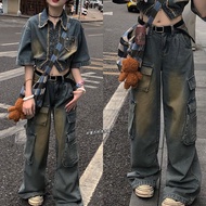 Vintage Large กระเป๋าเสื้อ ชุดทํางาน เดนิม กางเกง ALITTLE Messy "เพดาน" หลากหลาย ยาว ลำลอง หลวม Fit