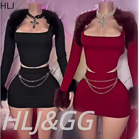 HLJ Fashion Trend Fur Splice Mini Skirts 3 Piece Sets Women Vest+Long Sleeve Crop Top+Skirts Outfits