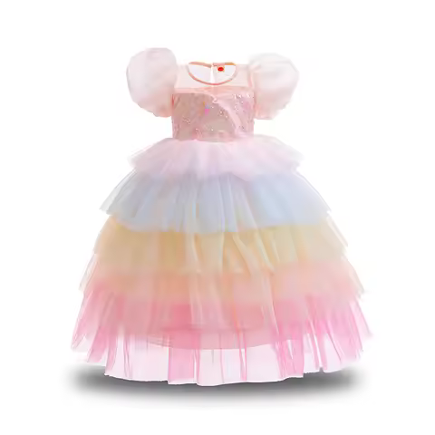 Girls Summer Princess Dress Bubble Sleeve Rainbow Cake Saree, Kids Casual Halloween Party Dress Size