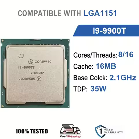 Intel Core i9-9900T 8 Core 16 Thread 2.1GHz 35W 16MB Cache 14nm LGA 1151 SRG1B DDR4 2666 MHz Coffee