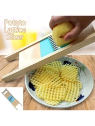 1入組藍色木質波紋薯條切片器蔬菜網格切割工具，適用於馬鈴薯、小黃瓜等