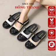 HONG THANH Women's Mule Shoes Women's Mule Shoes Round Toe Flat Sole Glossy Leather Youthful Comfort