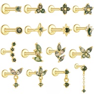 RODREASON Geometric Zircon Natural Moss Agate Flat Back Threaded Helix Cartilage Piercing Earring