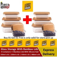 [BUY 1 GET 1 FREE] Glass Storage Set With Bamboo Lids. Consists of 4 x Glass Containers + 4 x Bamboo