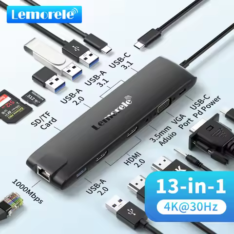 Lemorele TC96 USB Hub USB 3.1 Dock Station USBC to Dual HDMI 4K 10Gpbs Type-C Adapter VGA USBC 3.1Gi