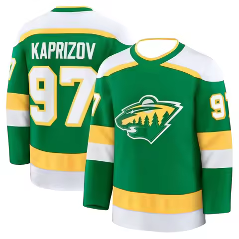 Hockey Jersey - Green with Yellow/White Accents "Kaprizov 97" Wild Logo with Trees & Animal Athletic
