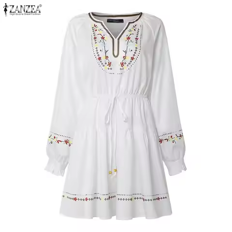 ZANZEA Vintage Floral Print Dress Women V Neck Long Lantern Sleeve Sundress Ruffled Drawstring Waist