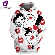 เสื้อนอกชุดวอร์มลายการ์ตูนเสื้อกีฬาผู้หญิง Betty Boop-S เสื้อจั๊มเปอร์แขนยาวแนว Streetwear 3D น่ารักสำหรับท่านชายฮู้ดแบบซิป