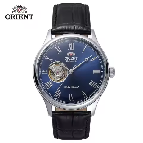 Orient Mens Business Automatic Mechanical Watch Open Heart Skeleton Dial Roman Numerals Scale Leathe