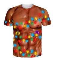 Funny Ugly Christmas T-Shirt 3D Fake Abs Muscle Tanned Body Holiday Lights Tee
