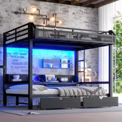 Queen Over Queen Metal Bunk Bed with Storage Drawers Shelves LED USB Convertible Sofa Kids Teens, Cu