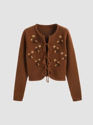 Cider Floral Embroidery Knotted Cardigan