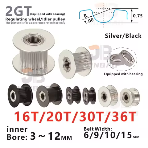 2GT 16T 20T 30T 36 Teeth Synchronous Timing Idler Pulley Bore 3/4/5/6/7/8MM With Bearing 6/9/10/15mm