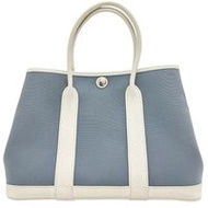 二手 HERMES Garden Party TPM 藍色 Lin 手提包，□R 印章（2014 年），帆布/皮革，藍/白皮革，女士。