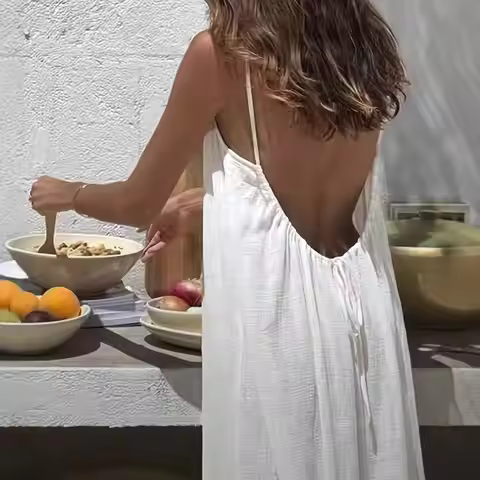 Temperament Suspender Women Dress 2026 Summer Pure Color Backless Loose Maxi Dress Elegant Versatile