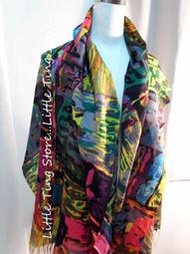 日本百貨Pashmina100%WOOL羊毛披肩 幾何塗鴉畫款流蘇圍巾披肩輕薄溫暖質料好