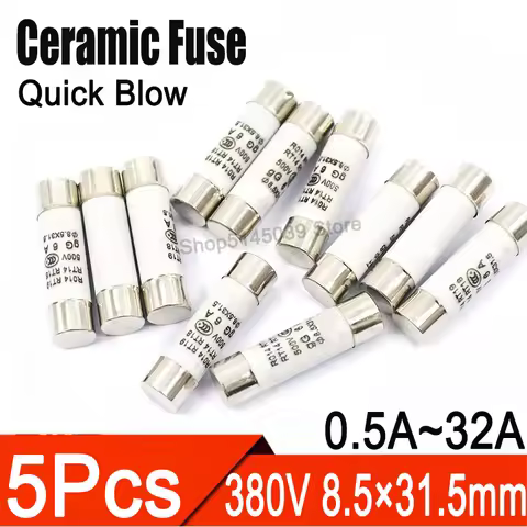5Pcs/Lot 8.5*31.5mm Quick blow Ceramic fuse 380V 500MA 1A 2A 3A 4A 5A 6A 8A 10A 16A 20A 25A 32A Cera
