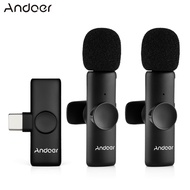 Andoer One-Trigger-Two Mini 2.4G Wireless Microphone System(2 Transmitters + 1 Receiver) Clip-on Mic 20M Transmission Range Built-in Battery Plug-and-Play for Type-C Smartphones Tablets Vlog Live Streaming Interview