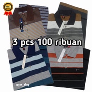 Baju kaos kerah motif salur pria 3pcs 100 ribuan pakai kantong berlengan pendek II jahitan rapi dan