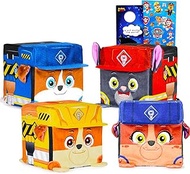 Paw Patrol Rubble and Crew Cube Plush Toy Set - 4 Pack Bundle with 4" Rubble, Charger, Mix, Wheeler 