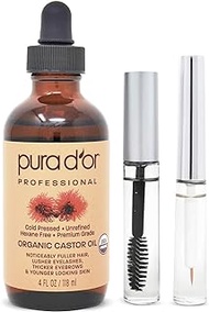 PURA D'OR Organic Castor Oil (4oz + 2 BONUS Pre-Filled Eyelash &amp; Eyebrow Brushes) 100% Pure, Cold Pressed, Hexane Free Growth Serum For Fuller, Thicker Lashes &amp; Brows, Moisturizes &amp; Cleanses Skin