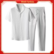 Men 2-piece Sportswear Set Lapel T-shirt Long Pants Set Mens Summer Casual Outfit Set Short Sleeve T